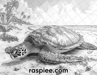 65 Coastal Landscapes Grayscale Adult Coloring Pages, Printable PDF Instant Download