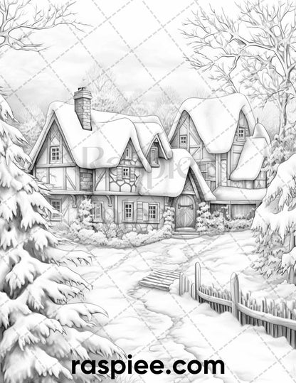 60 Merry Christmas Grayscale Coloring Pages Printable for Adult, Holiday Relaxation Art, PDF File Instant Download