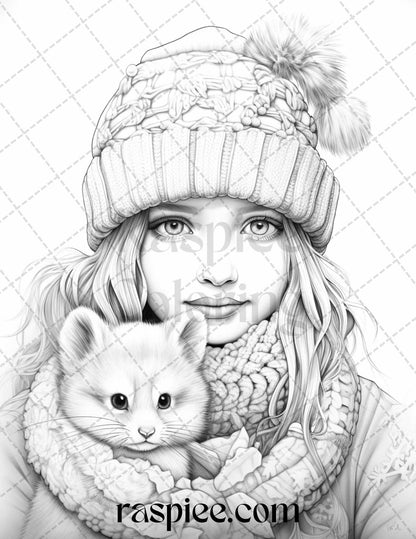60 Beautiful Winter Girls Grayscale Coloring Pages Printable for Adults, PDF File Instant Download