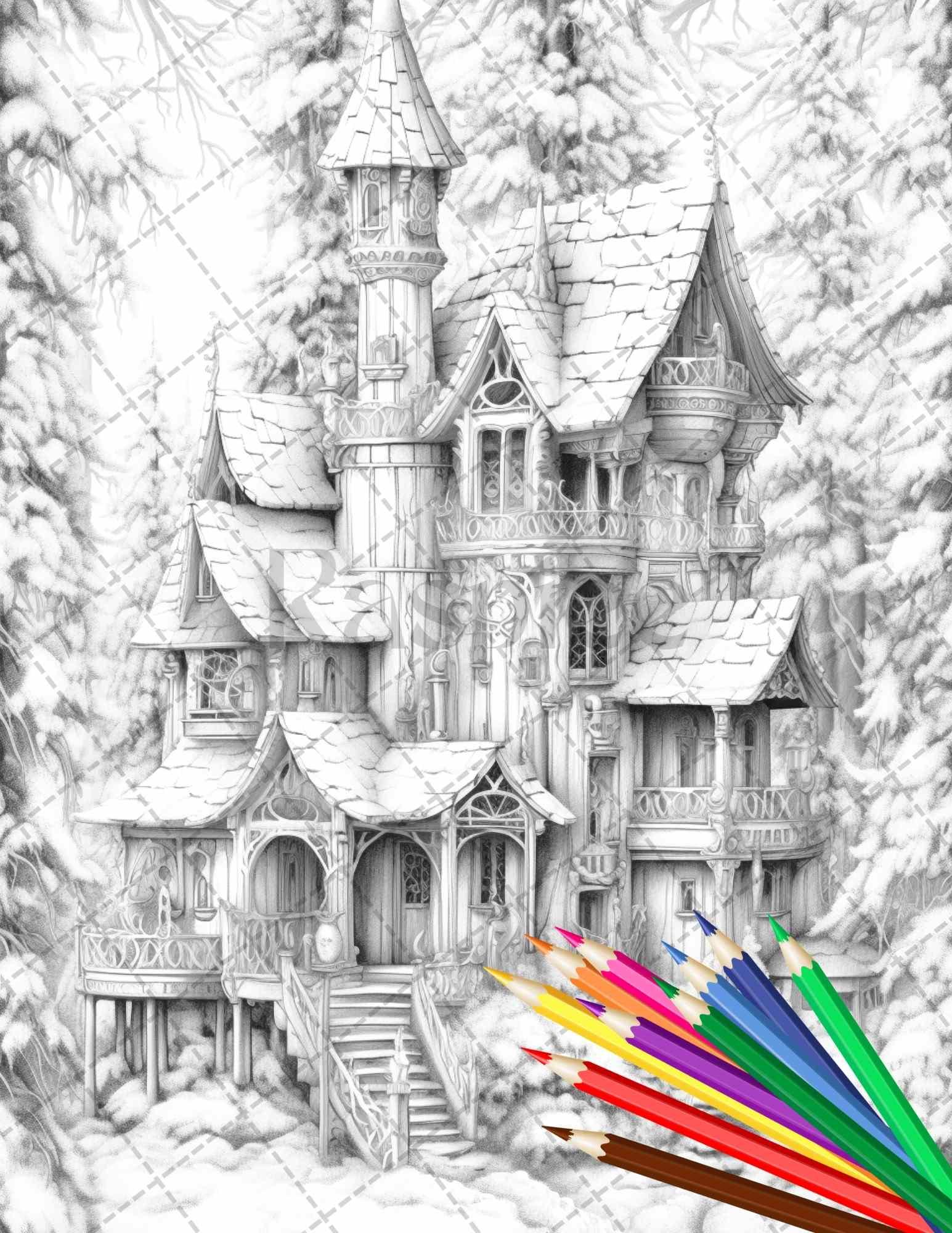 63 Winter Fairy Houses Grayscale Coloring Pages Printable for Adults, PDF File Instant Download