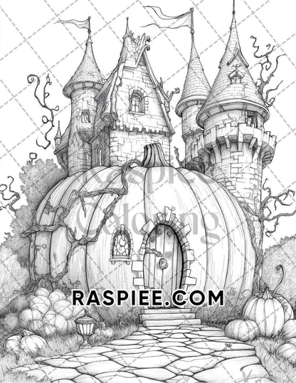 Fantasy Giant Pumpkin Castles Adult Coloring Pages Printable PDF Instant Download