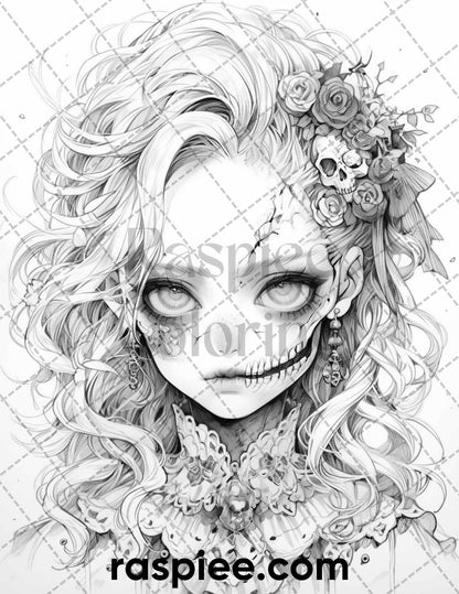 60 Horror Beauties Grayscale Coloring Pages Printable for Adults, PDF File Instant Download