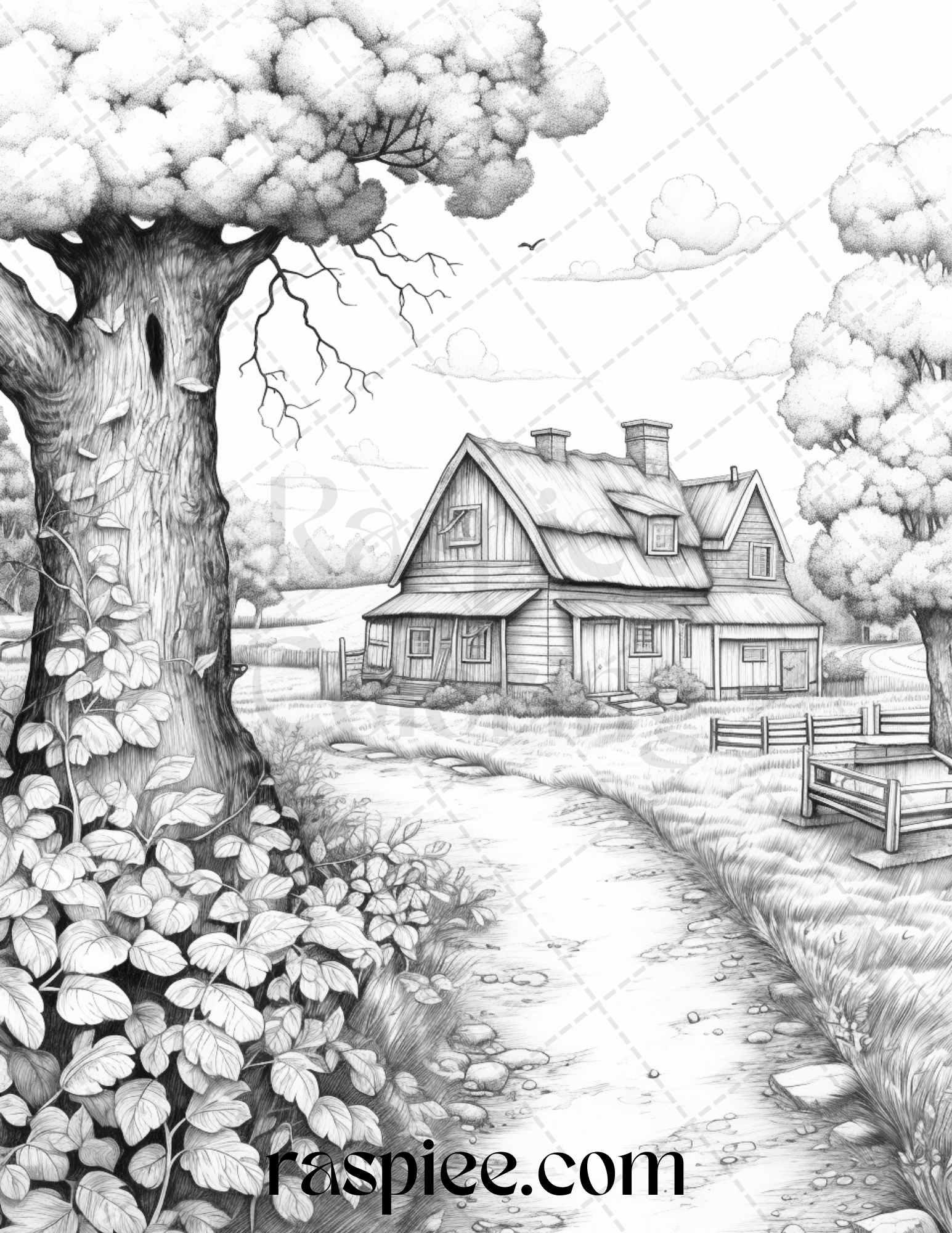 Autumn Scenery Grayscale Coloring Pages Printable for Adults, PDF File Instant Download