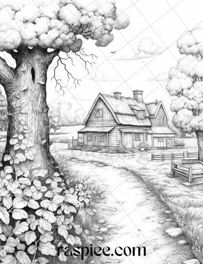 Autumn Scenery Grayscale Coloring Pages Printable for Adults, PDF File Instant Download