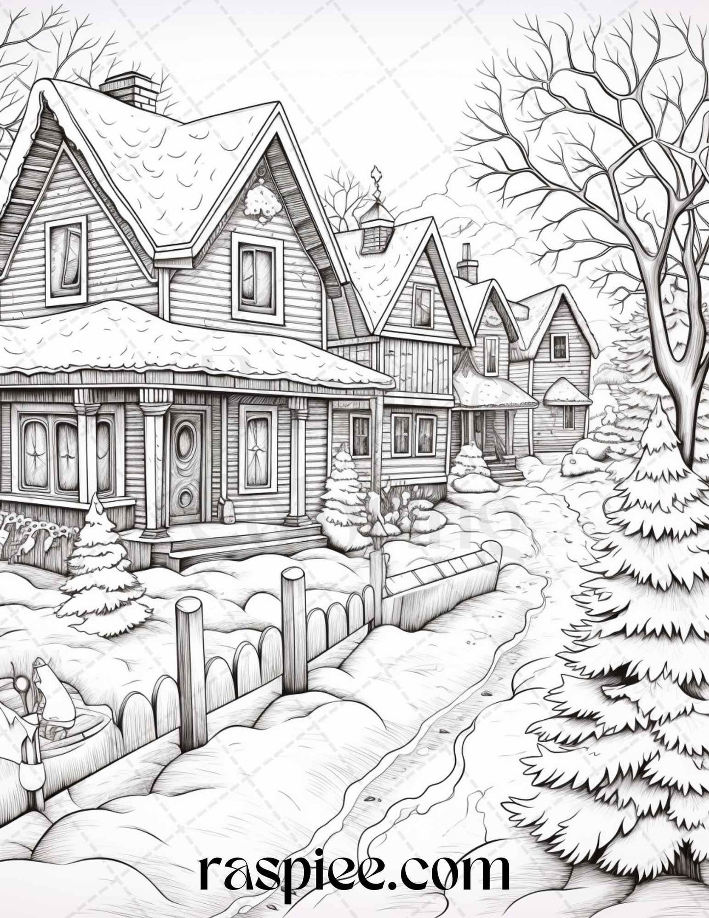 Winter Scenery Grayscale Coloring Pages Printable, Relaxing Snowy Landscapes, PDF File Instant Download