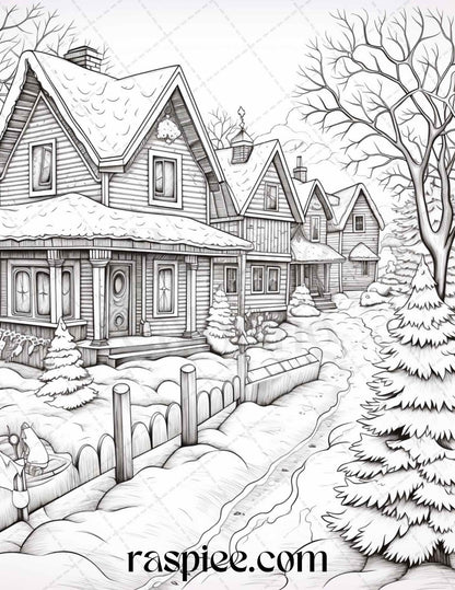 Winter Scenery Grayscale Coloring Pages Printable, Relaxing Snowy Landscapes, PDF File Instant Download