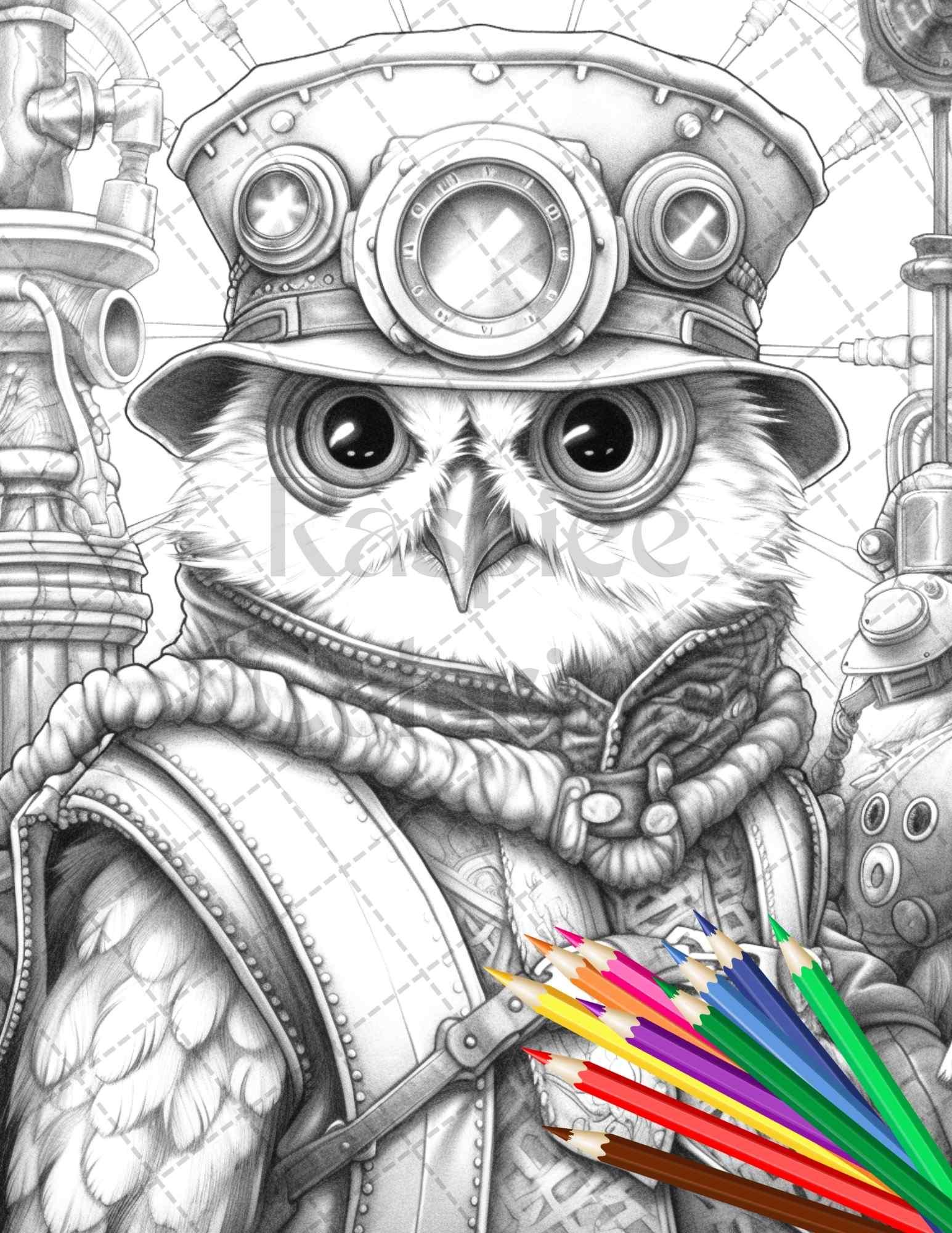 60 Steampunk Animals Grayscale Coloring Pages Printable for Adults, PDF File Instant Download