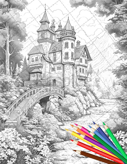 122 Fantasy Castles Coloring Book for Adults, Grayscale Coloring Page, Printable PDF Instant Download