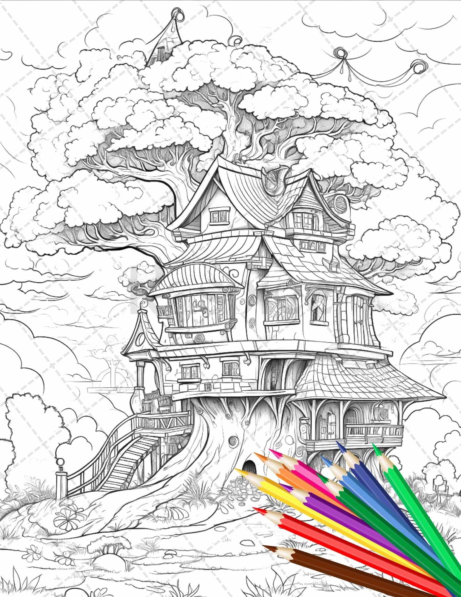 110 Enchanted Treehouse Coloring Book Printable for Adults, Grayscale Coloring Page, PDF File Instant Download