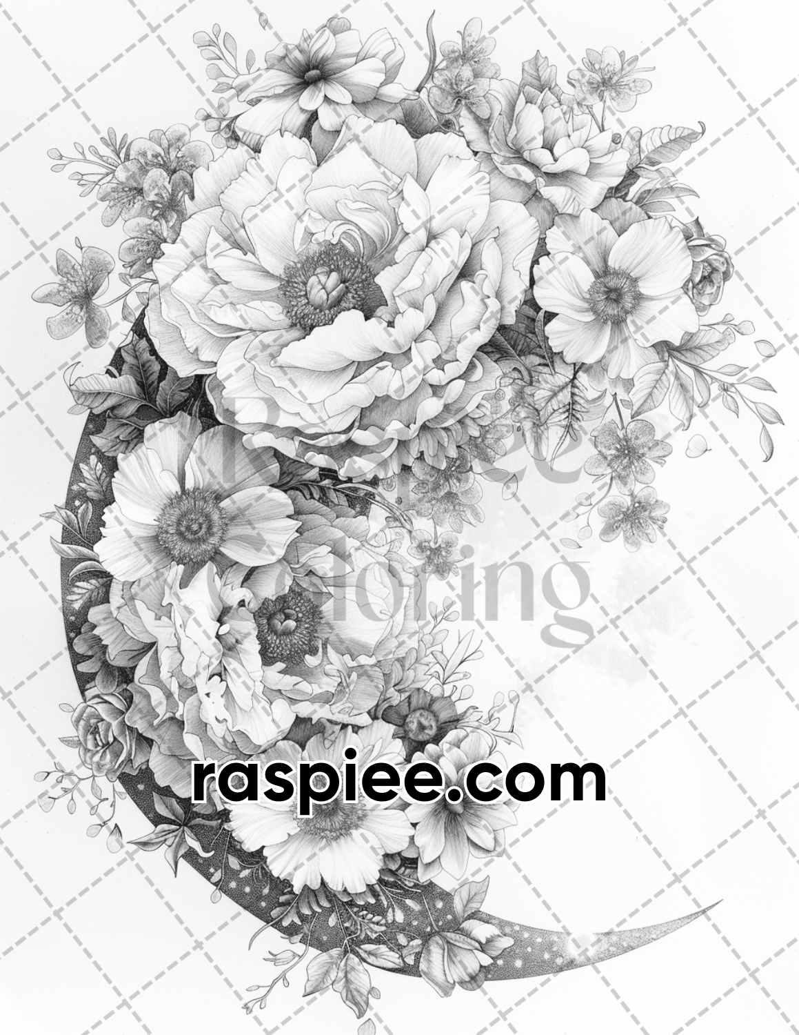 60 Boho Moon Floral Grayscale Adult Coloring Pages Printable PDF Instant Download