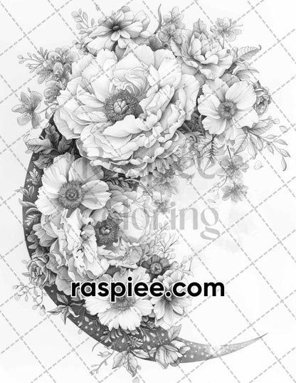 60 Boho Moon Floral Grayscale Adult Coloring Pages Printable PDF Instant Download