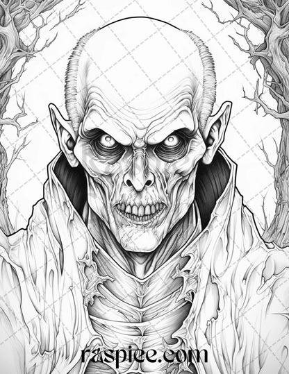 60 Halloween Vampire Grayscale Coloring Pages Printable for Adults, PDF File Instant Download