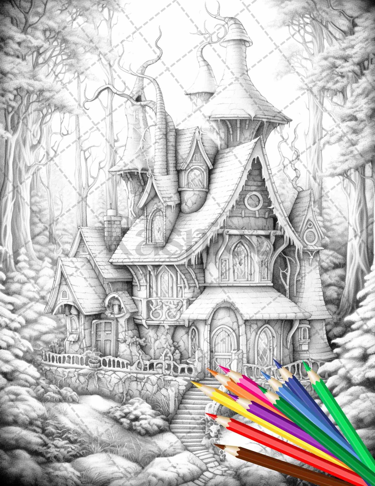 63 Winter Fairy Houses Grayscale Coloring Pages Printable for Adults, PDF File Instant Download