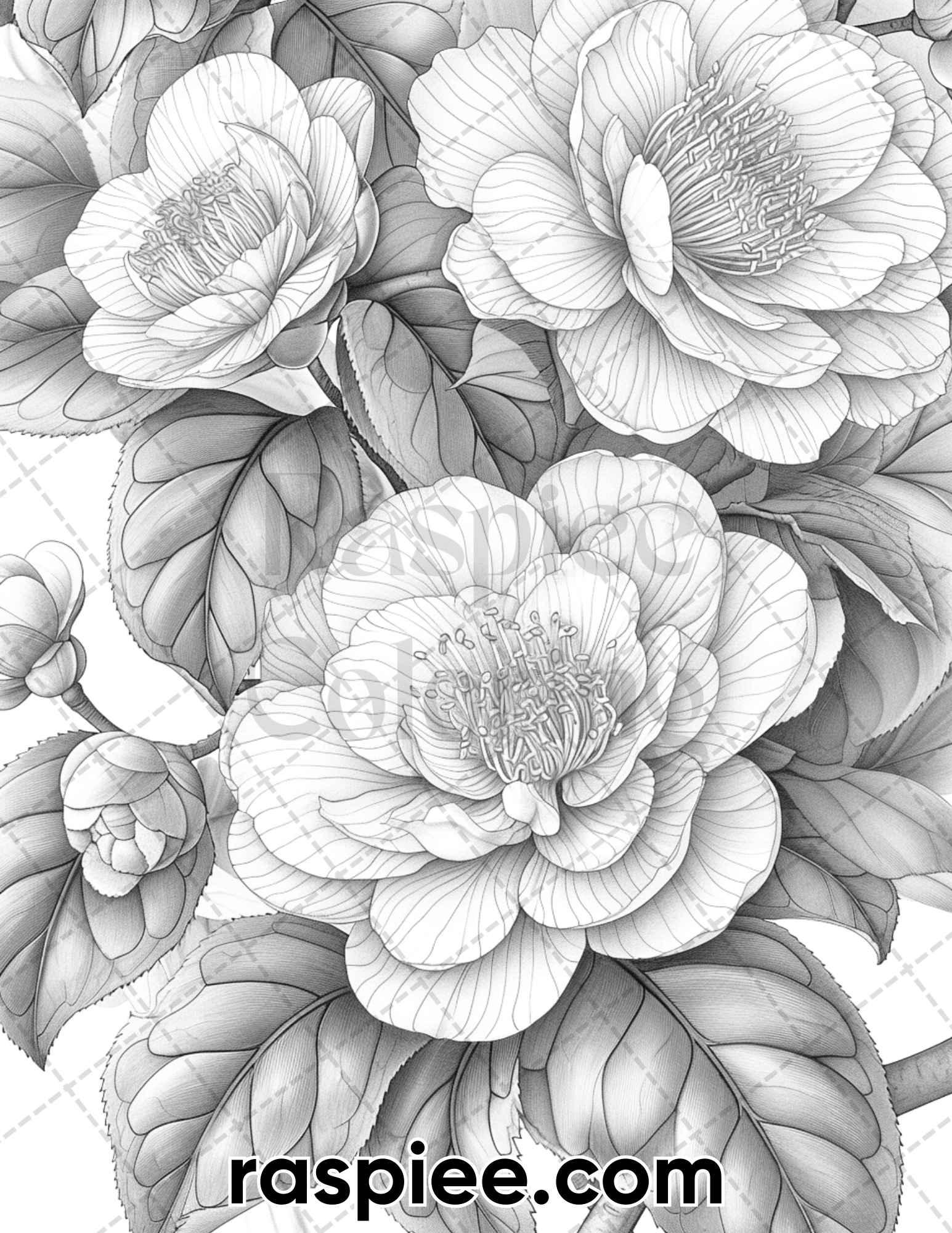 60 Spring Blossoms Grayscale Adult Coloring Pages, Printable PDF Instant Download
