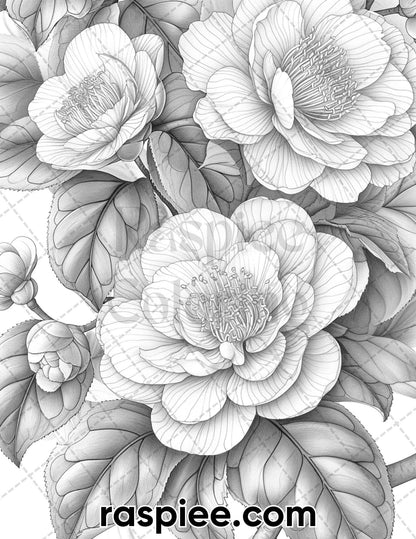 60 Spring Blossoms Grayscale Adult Coloring Pages, Printable PDF Instant Download
