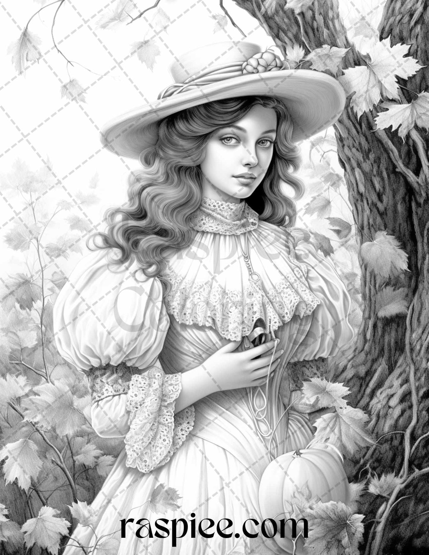 60 Victorian Autumn Portrait Grayscale Coloring Pages Printable for Adults, PDF File Instant Download