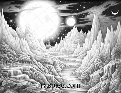 55 Celestial Landscapes Grayscale Coloring Pages Printable for Adults, PDF File Instant Download