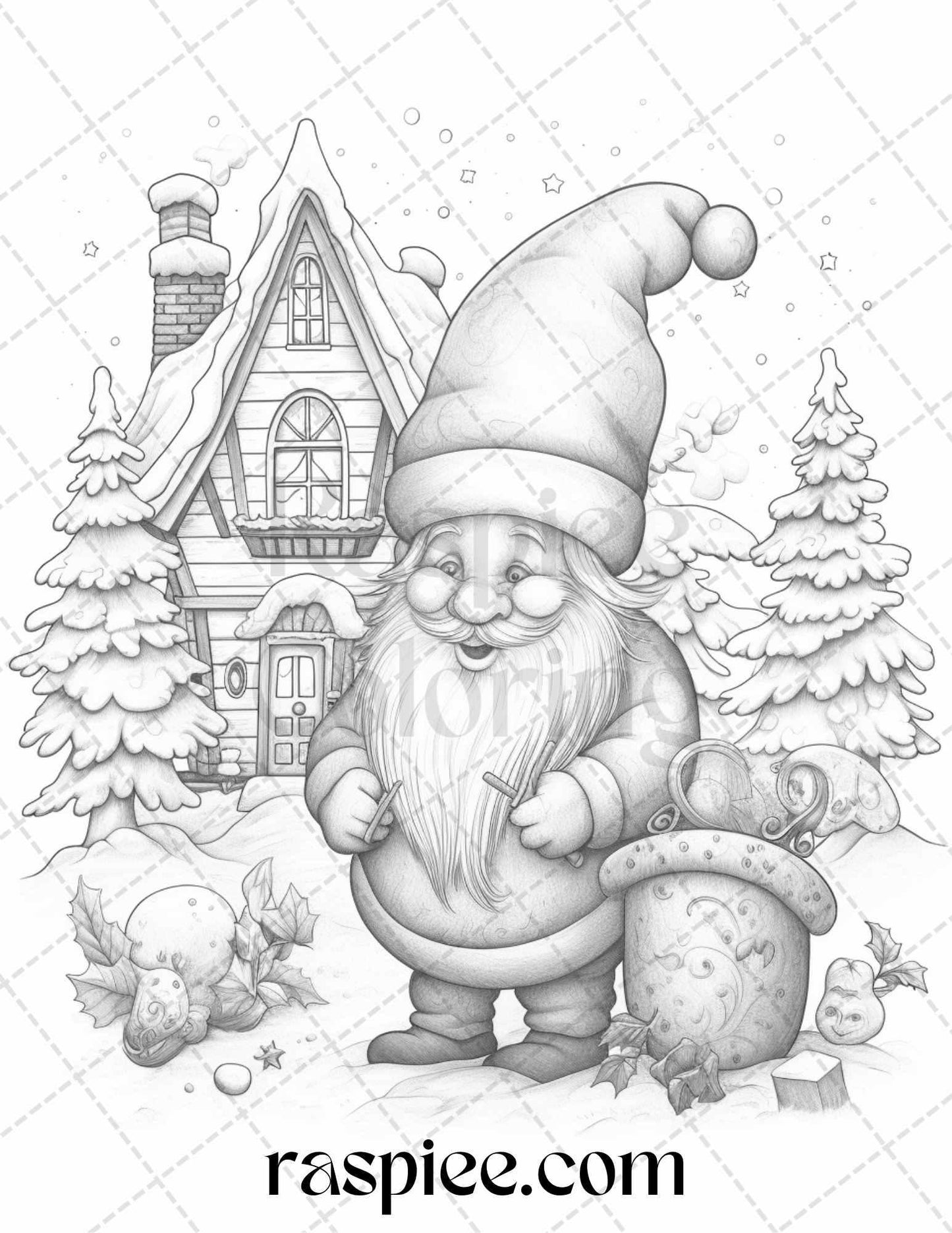 60 Christmas Gnomes Grayscale Coloring Pages Printable for Adults and Kids, PDF File Instant Download