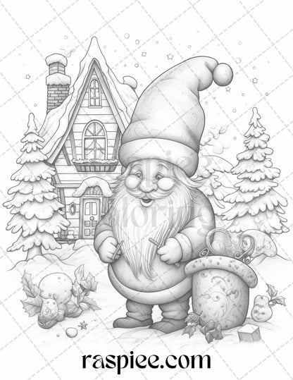 60 Christmas Gnomes Grayscale Coloring Pages Printable for Adults and Kids, PDF File Instant Download