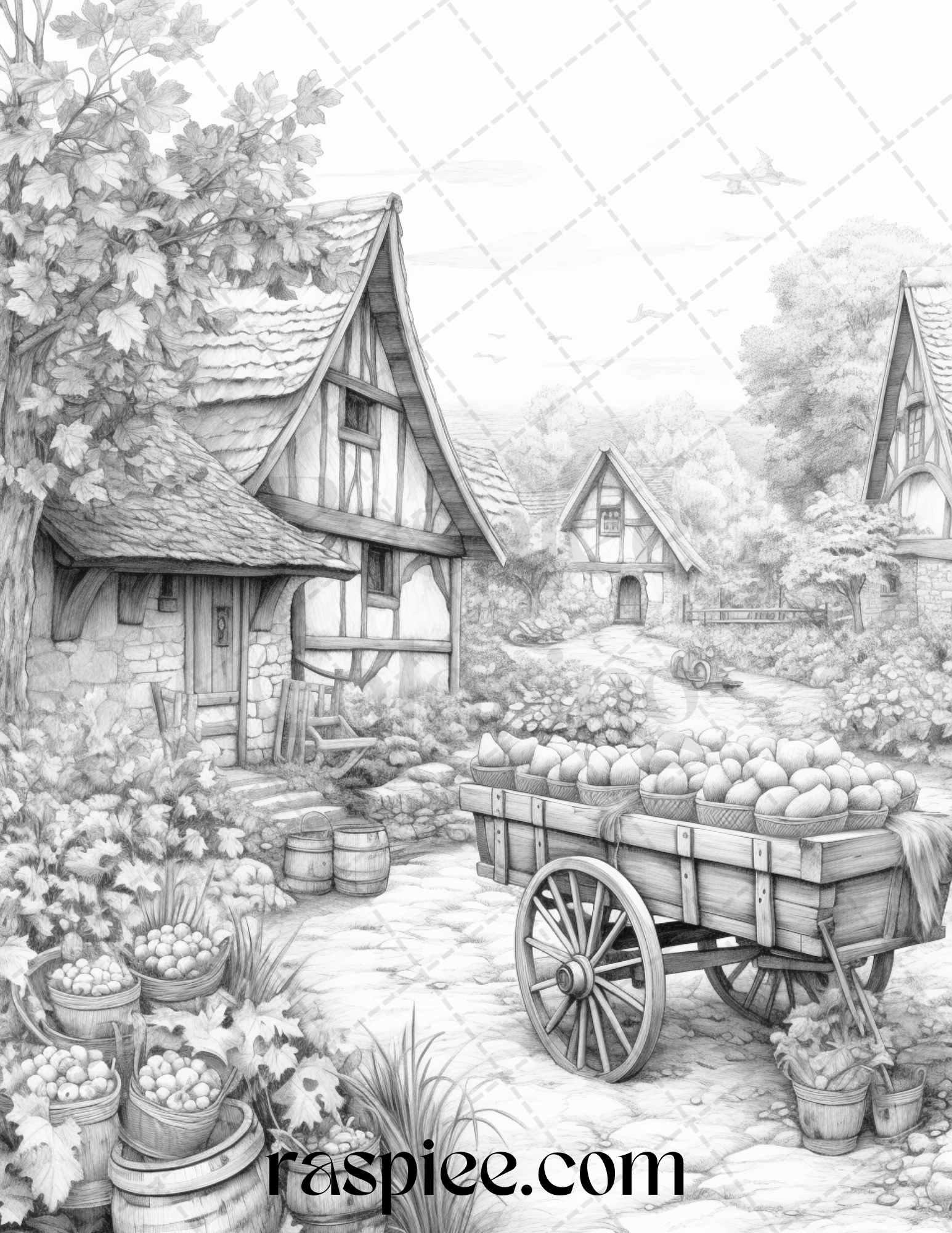 Autumn Scenery Grayscale Coloring Pages Printable for Adults, PDF File Instant Download