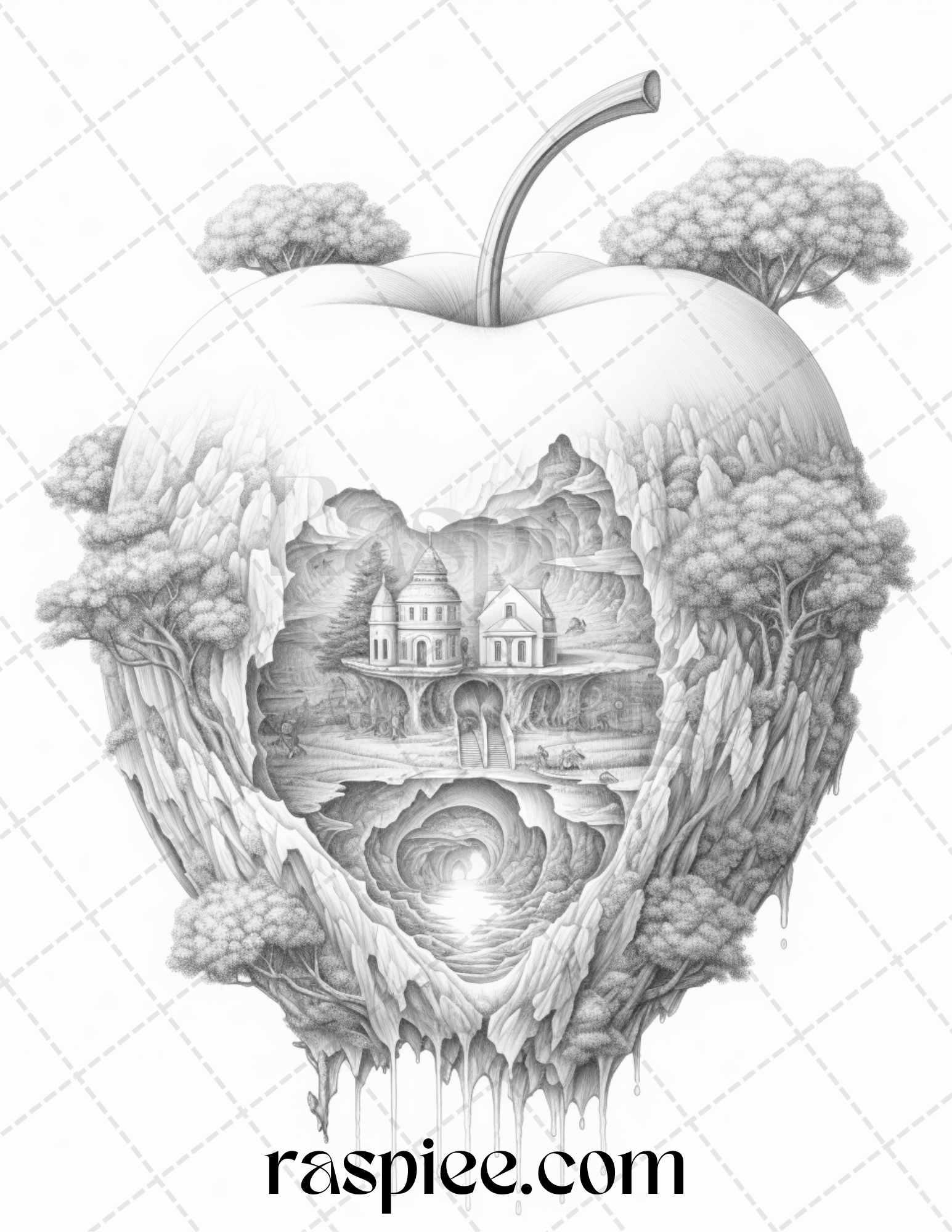 60 Miniworld in the Apple Grayscale Coloring Pages Printable for Adults, PDF File Instant Download