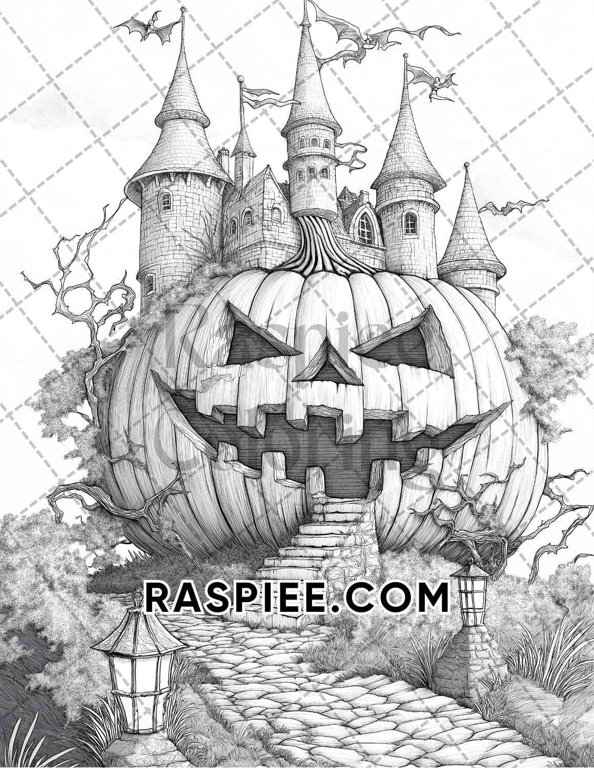 Fantasy Giant Pumpkin Castles Adult Coloring Pages Printable PDF Instant Download