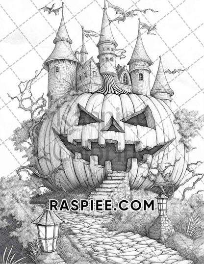 Fantasy Giant Pumpkin Castles Adult Coloring Pages Printable PDF Instant Download