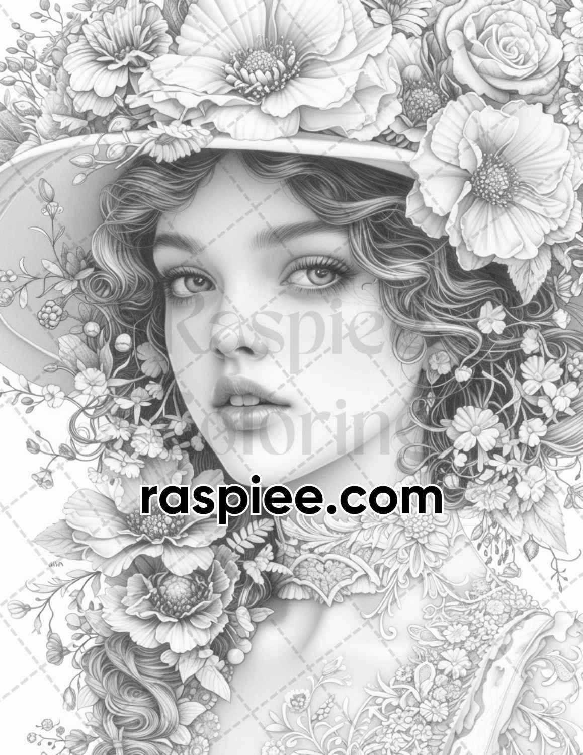 62 Spring Victorian Girl Portraits Grayscale Adult Coloring Pages, Printable PDF Instant Download