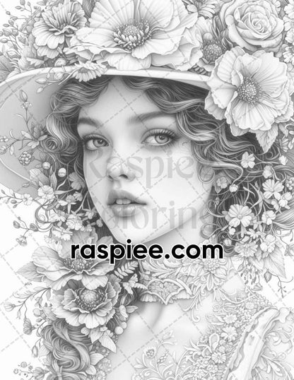 62 Spring Victorian Girl Portraits Grayscale Adult Coloring Pages, Printable PDF Instant Download