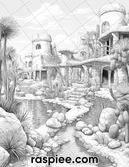 55 Desert Oasis Fairy Homes Grayscale Coloring Pages for Adults, Printable PDF Instant Download
