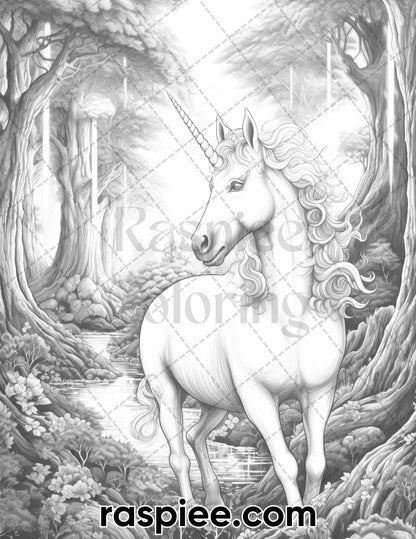 60 Mythical Creatures Grayscale Coloring Pages for Adults, Printable PDF Instant Download
