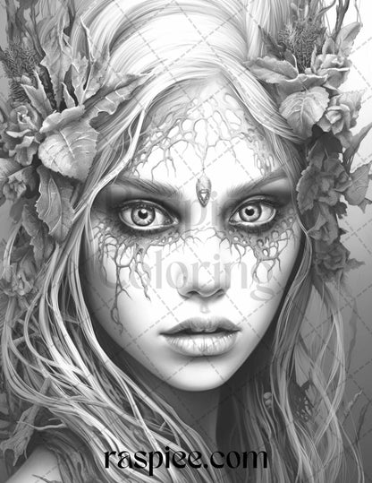 60 Halloween Zombie Fairy Grayscale Coloring Pages Printable for Adults, PDF File Instant Download