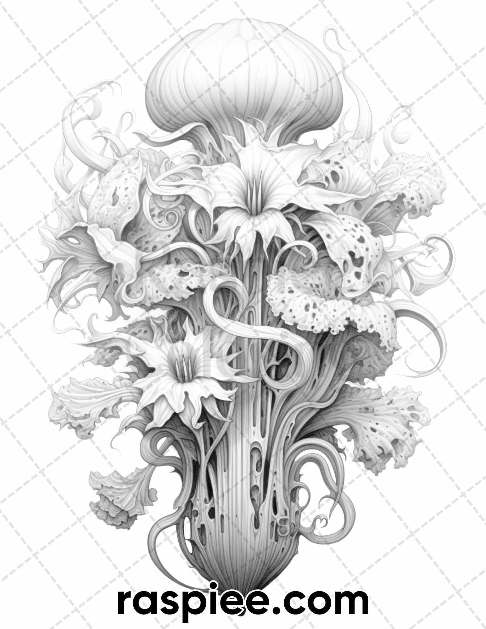 55 Fantasy Flowers Grayscale Coloring Pages for Adults, Printable PDF File Instant Download