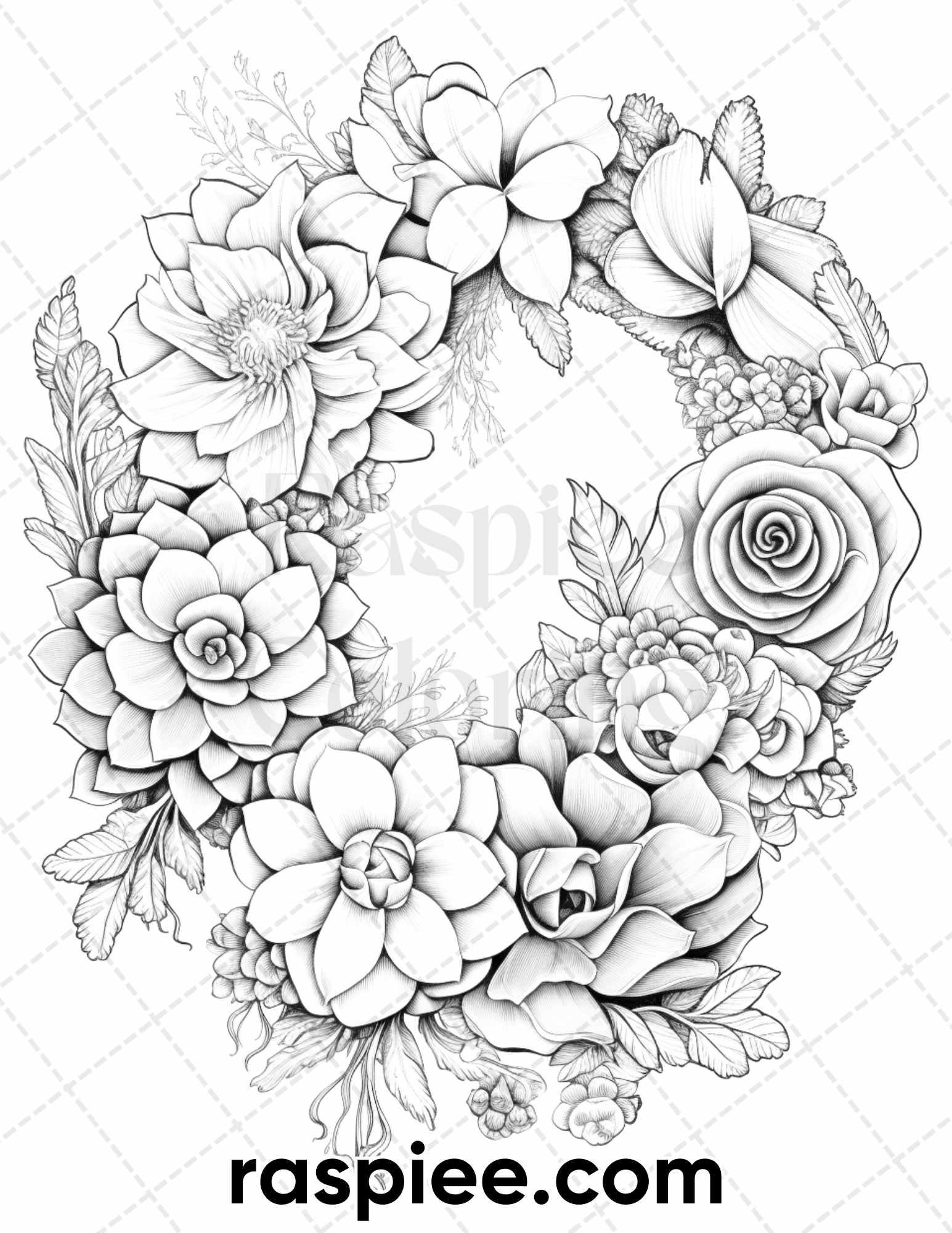 65 Spring Floral Wreaths Grayscale Adult Coloring Pages, Printable PDF Instant Download