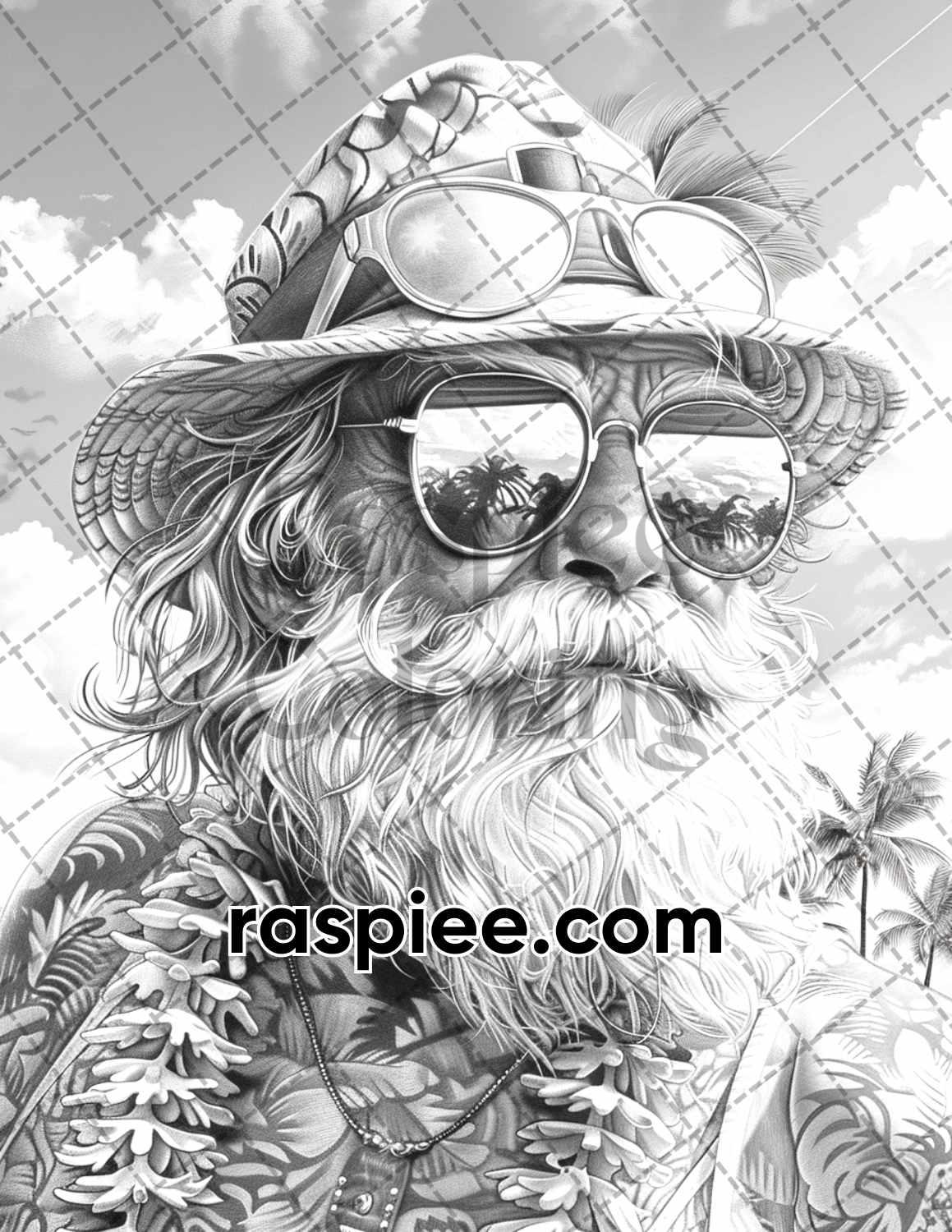 60 Santa Christmas in July Grayscale Adult Coloring Pages Printable PDF Instant Download