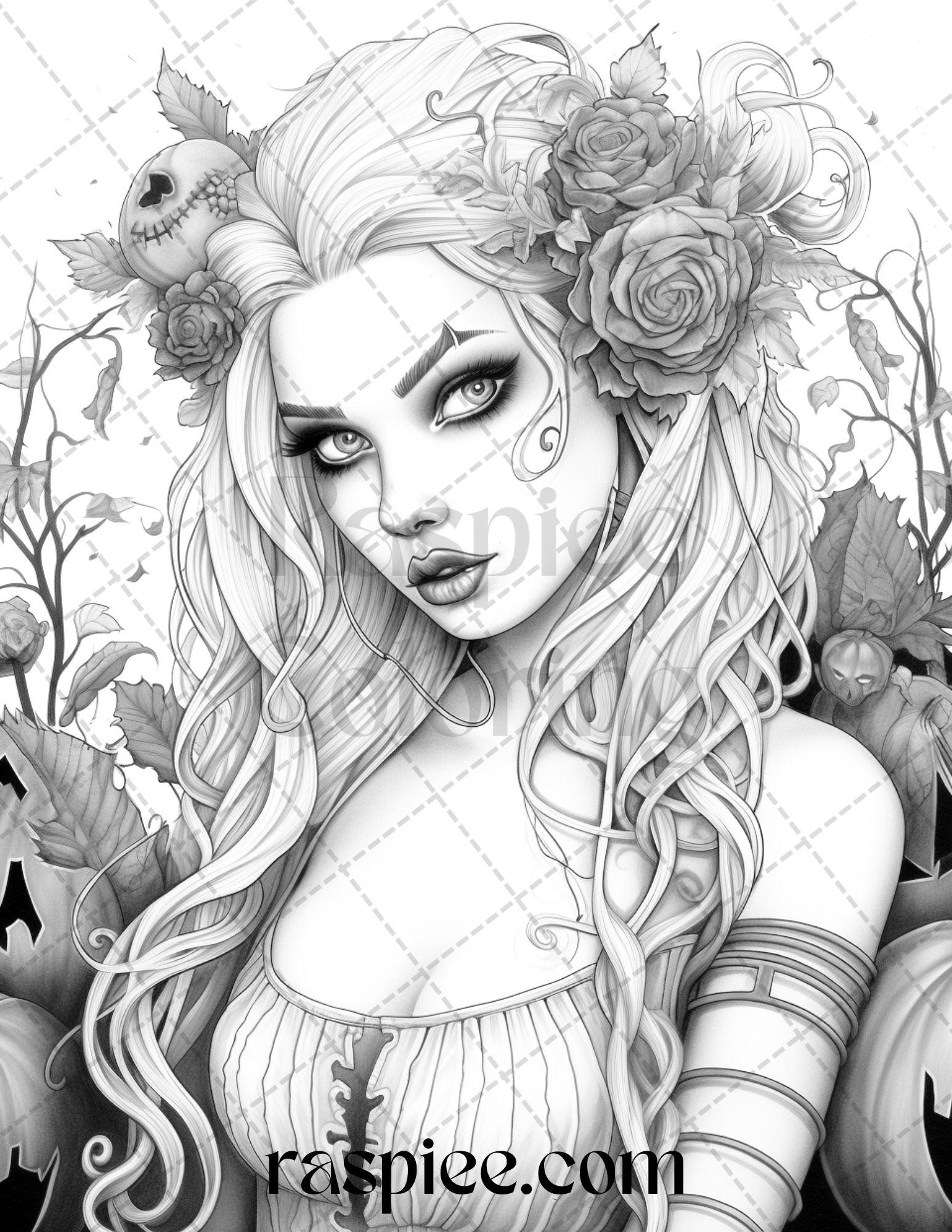 55 Halloween Girls Grayscale Coloring Pages Printable for Adults, PDF File Instant Download