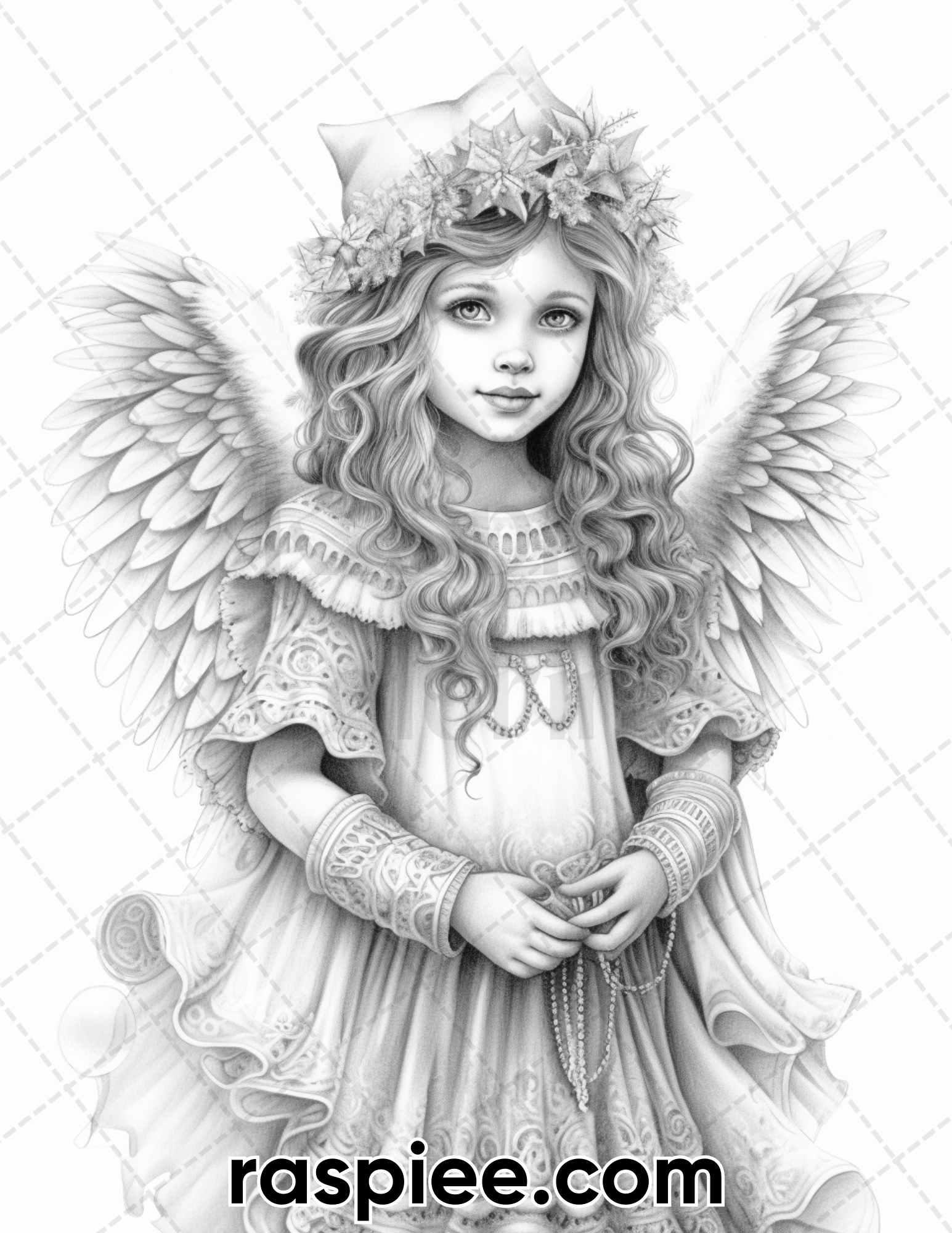 55 Christmas Angel Grayscale Coloring Pages for Adults, Printable PDF Instant Download