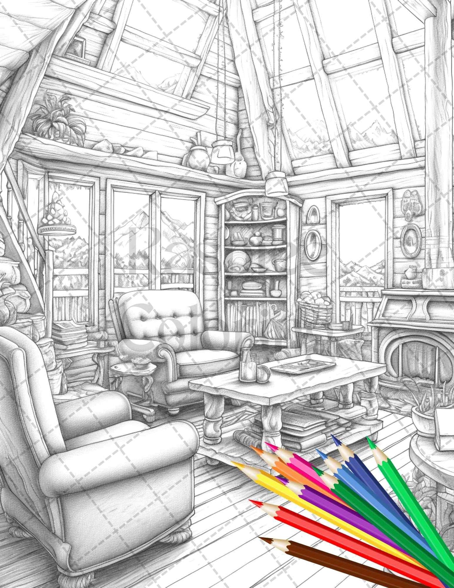 Cozy Cabin Interior Grayscale Coloring Pages Printable for Adults, PDF File Instant Download