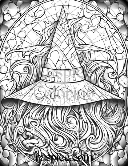 70 Halloween Stained Glass Grayscale Coloring Pages Printable for Adults, PDF File Instant Download