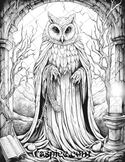 Halloween Witch Owl Grayscale Coloring Pages for Adults and Kids, Printable PDF Instant Download