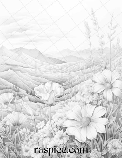 60 Mountain Flower Landscapes Grayscale Coloring Pages Printable for Adults, PDF File Instant Download