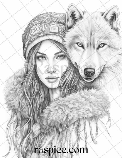 60 Beautiful Winter Girls Grayscale Coloring Pages Printable for Adults, PDF File Instant Download
