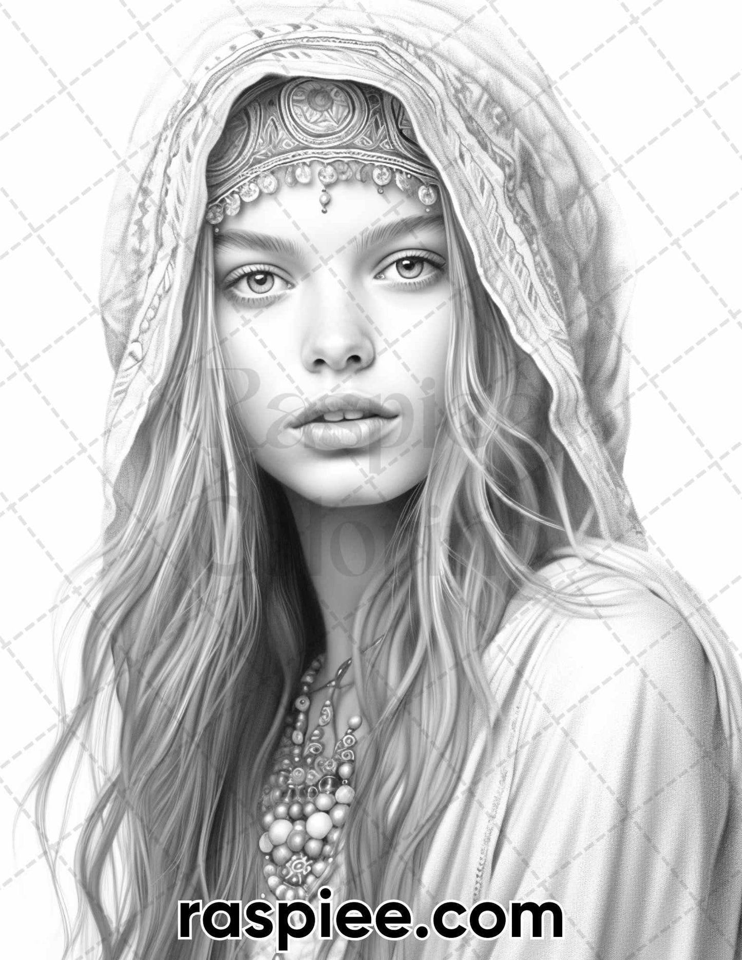 60 Bohemian Beauties Grayscale Coloring Pages for Adults, Printable PDF Instant Download