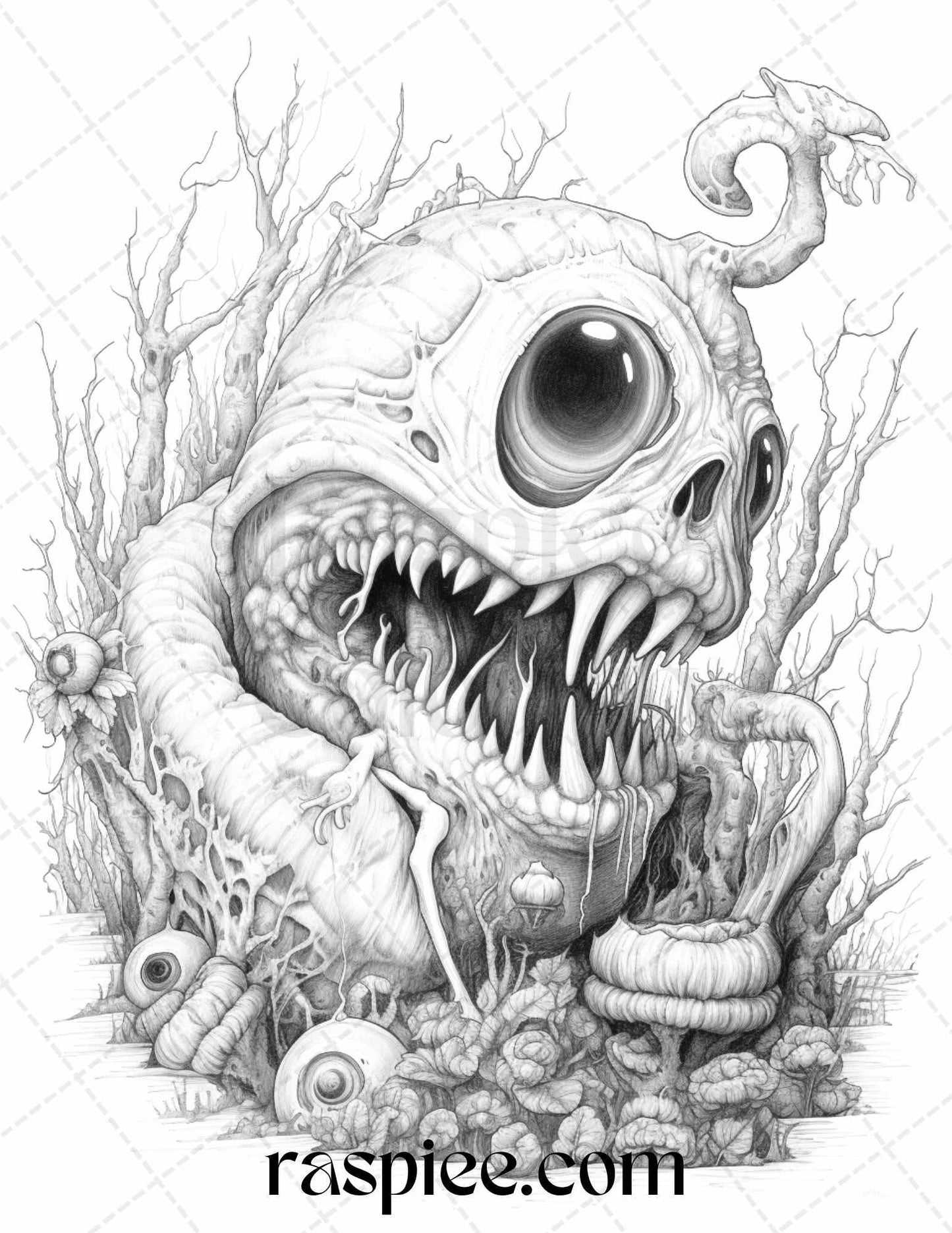 66 Horror Zombie Animals Grayscale Coloring Pages Printable for Adults, PDF File Instant Download