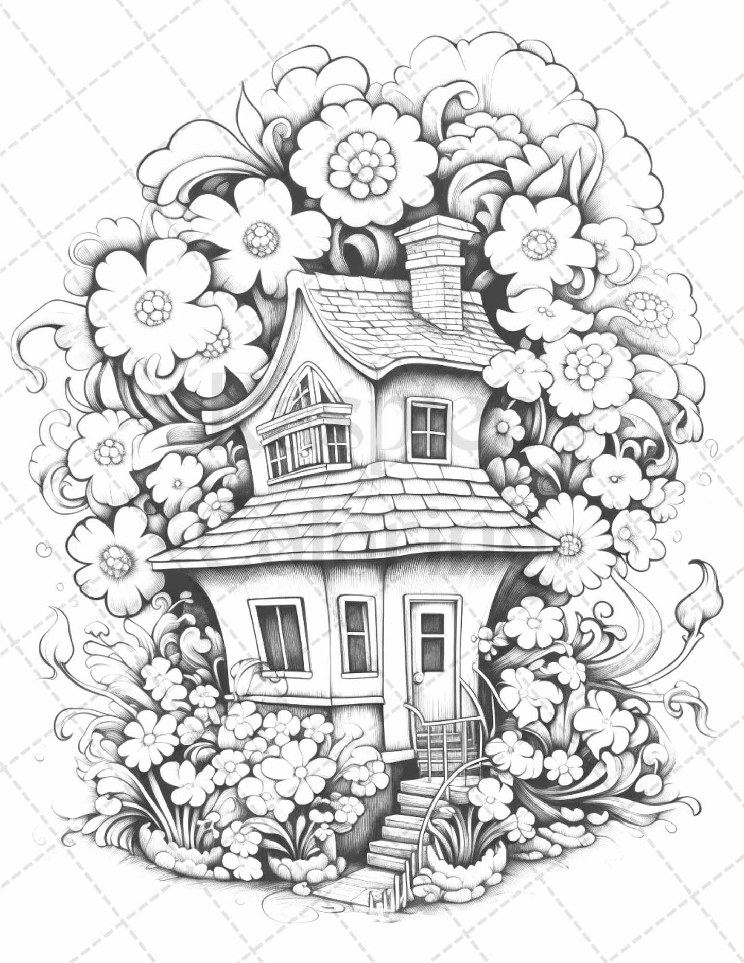 60 Flower Houses Grayscale Coloring Pages Printable for Adults, PDF File Instant Download