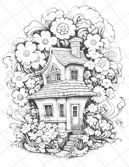 60 Flower Houses Grayscale Coloring Pages Printable for Adults, PDF File Instant Download