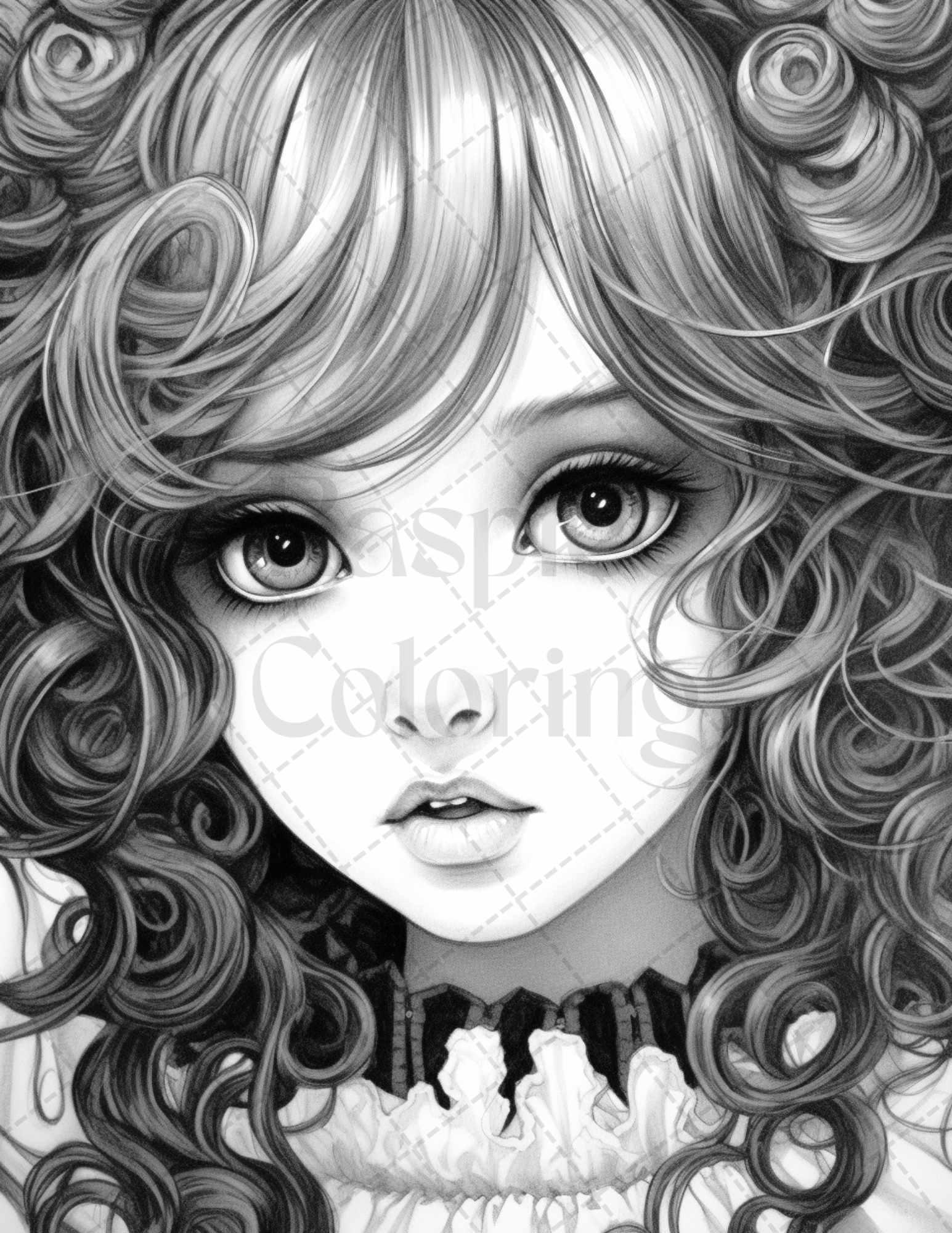60 Adorable Gothic Girls Grayscale Coloring Pages Printable for Adults, PDF File Instant Download