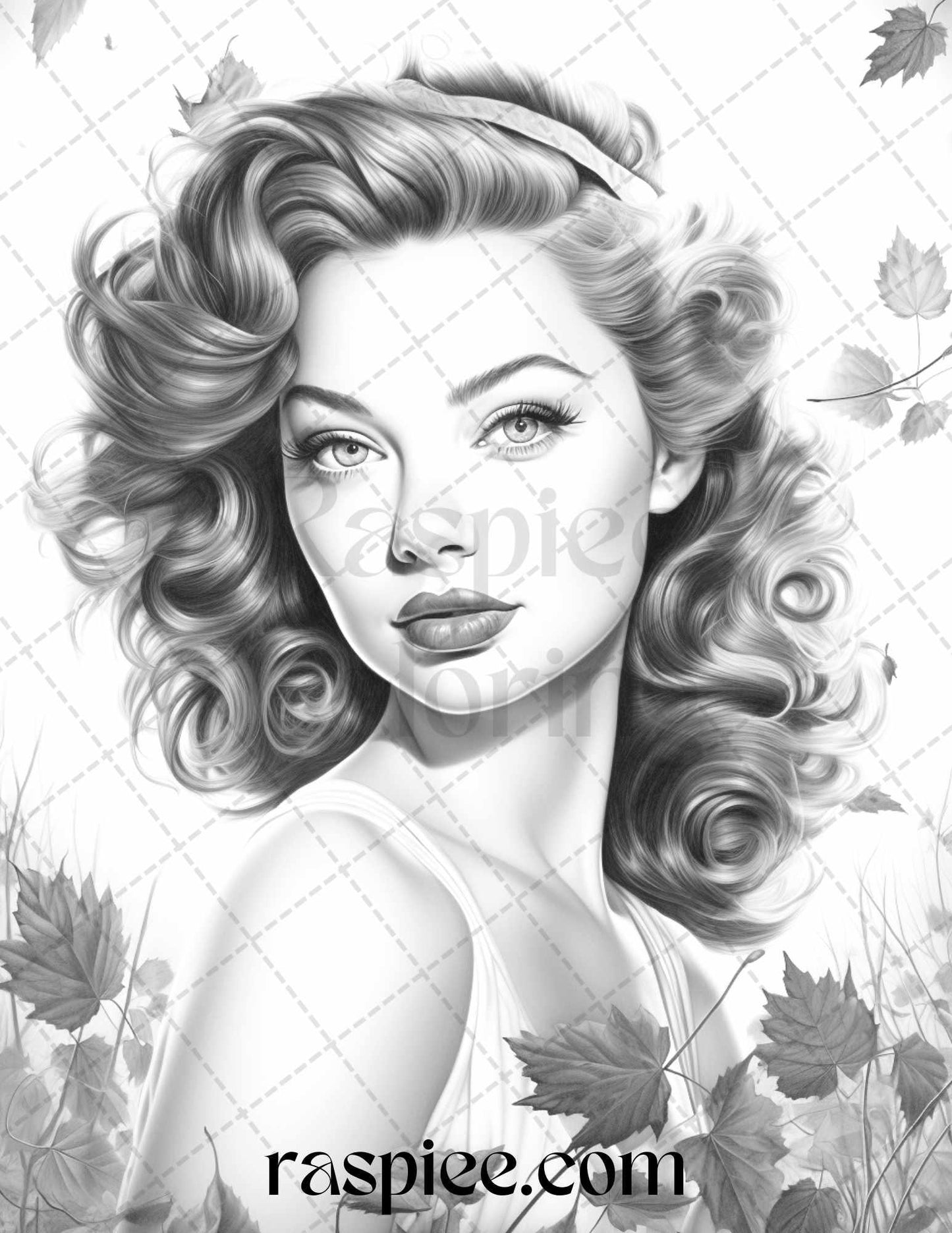 55 Autumn Pin Up Girls Grayscale Coloring Pages Printable for Adults, PDF File Instant Download