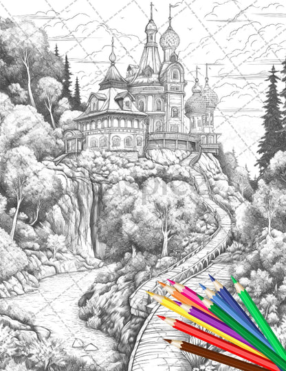 122 Fantasy Castles Coloring Book for Adults, Grayscale Coloring Page, Printable PDF Instant Download