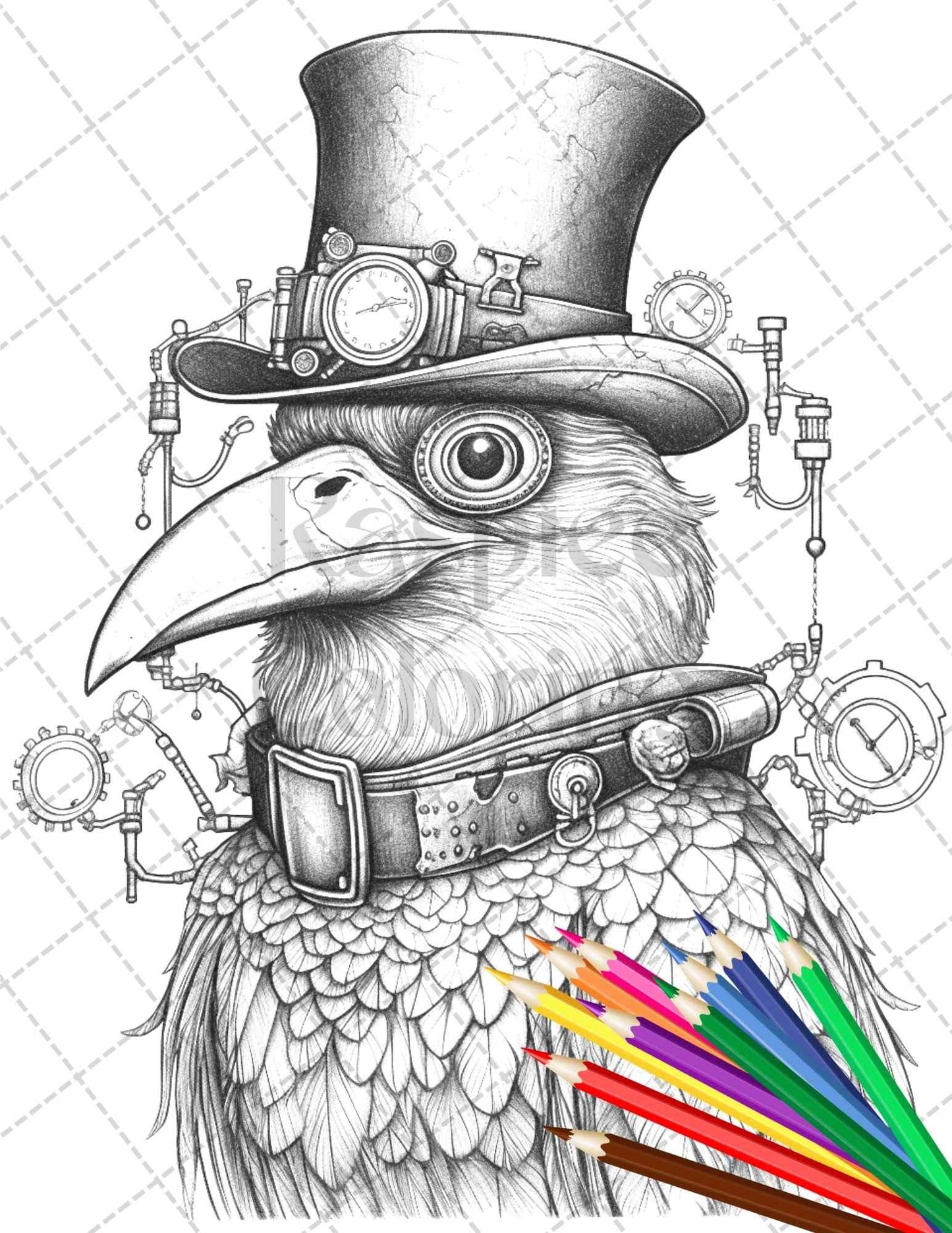 60 Steampunk Animals Grayscale Coloring Pages Printable for Adults, PDF File Instant Download